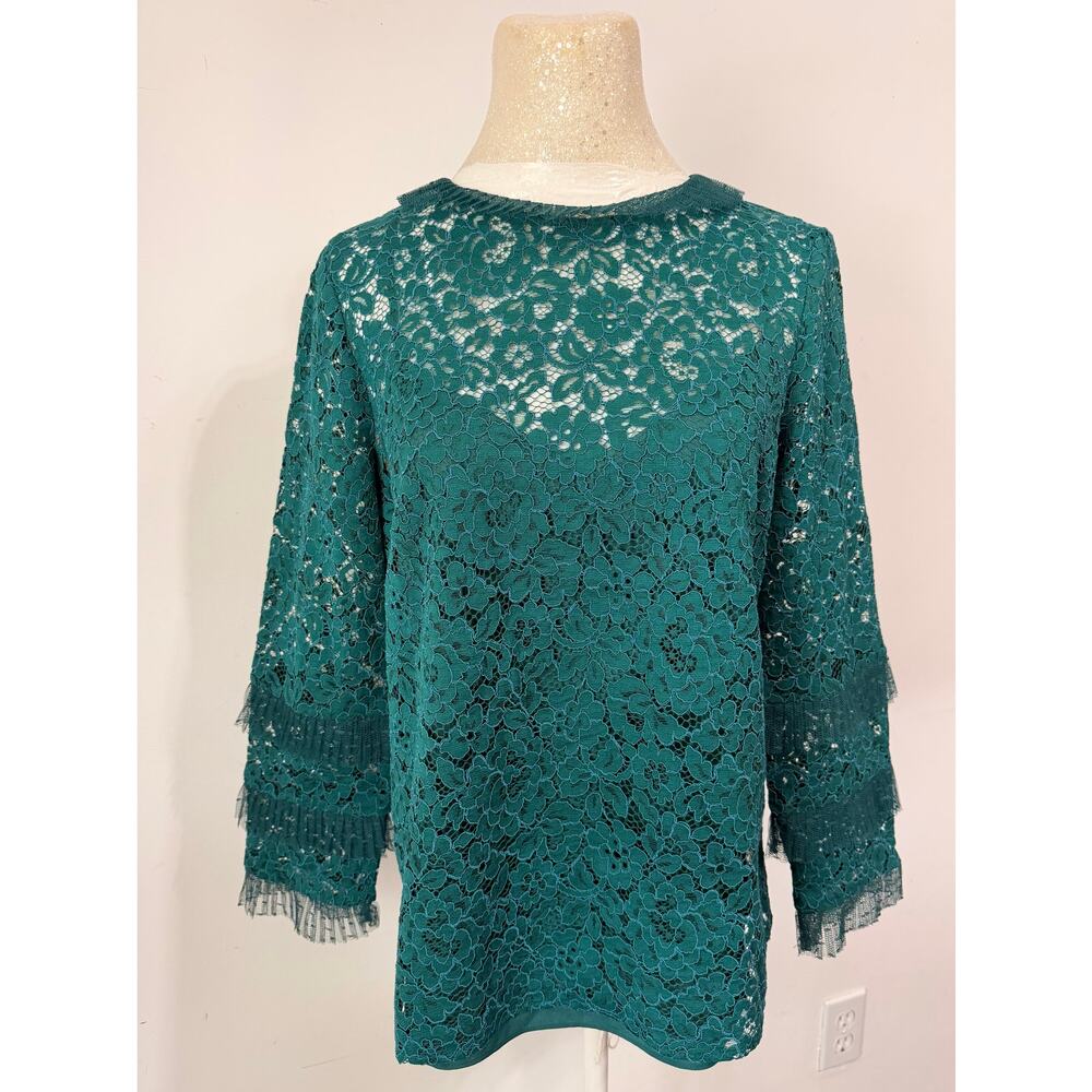 J.Crew Women’s Green Floral Lace Blouse sz S Romantic Feminine Office Preppy‎